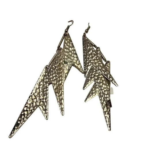 Vintage 60s-70s Hammered Textured Lightening Bolt Dangle Drop Earrings Gold Tone - Picture 1 of 1